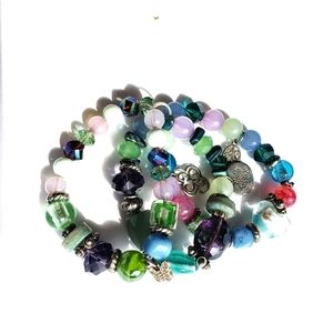 Three Piece Beautiful Boho Style Multi Colored Glass Bead Charm Bracelets